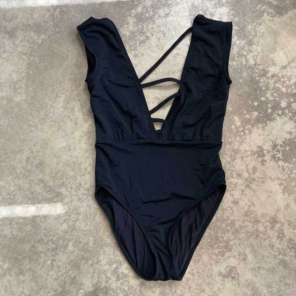 Beth Richards Design One Piece Bathing‎ Suit Black Womens Size Small Deep V Neck